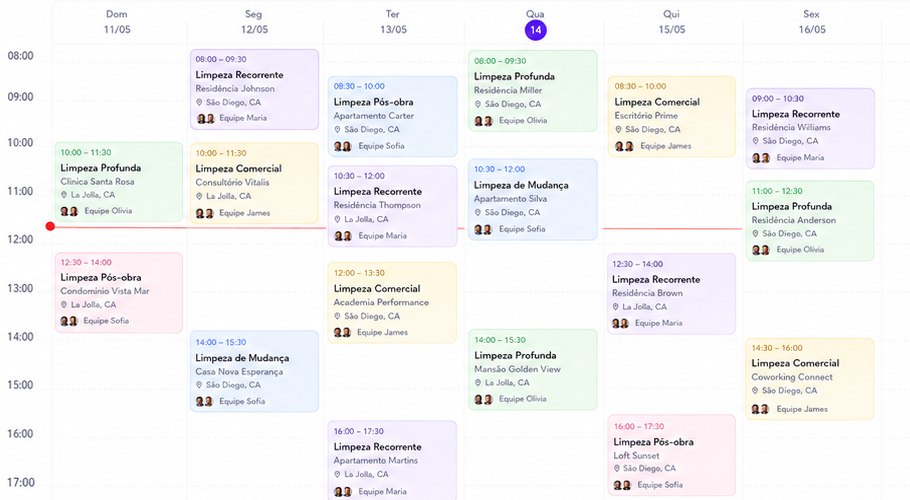 Agenda semanal do Get MaidOS, com os serviços distribuídos por dia, horário e equipe.