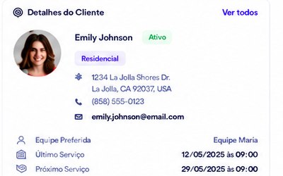 Ficha de cliente do Get MaidOS com dados de contato, equipe preferida e histórico de serviços.